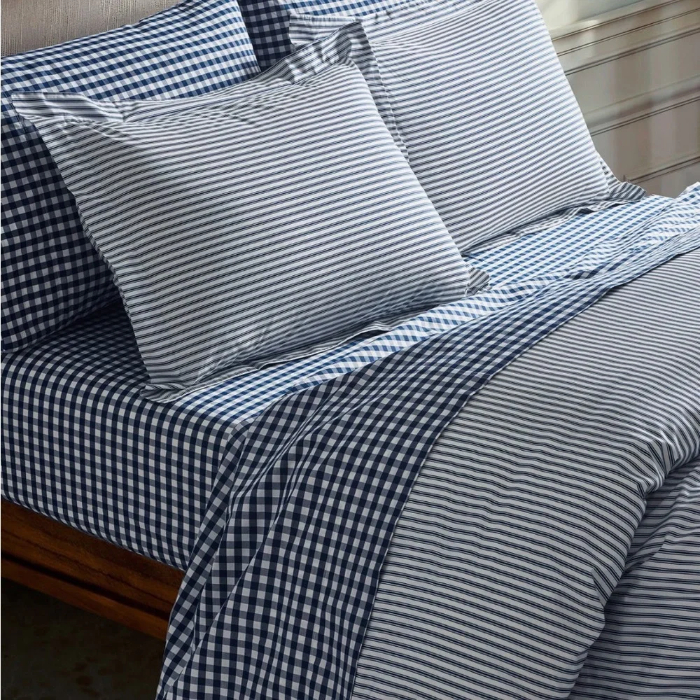 Petite Plume NWT French Ticking Cotton Percale Duvet Cover & Shams Queen Size